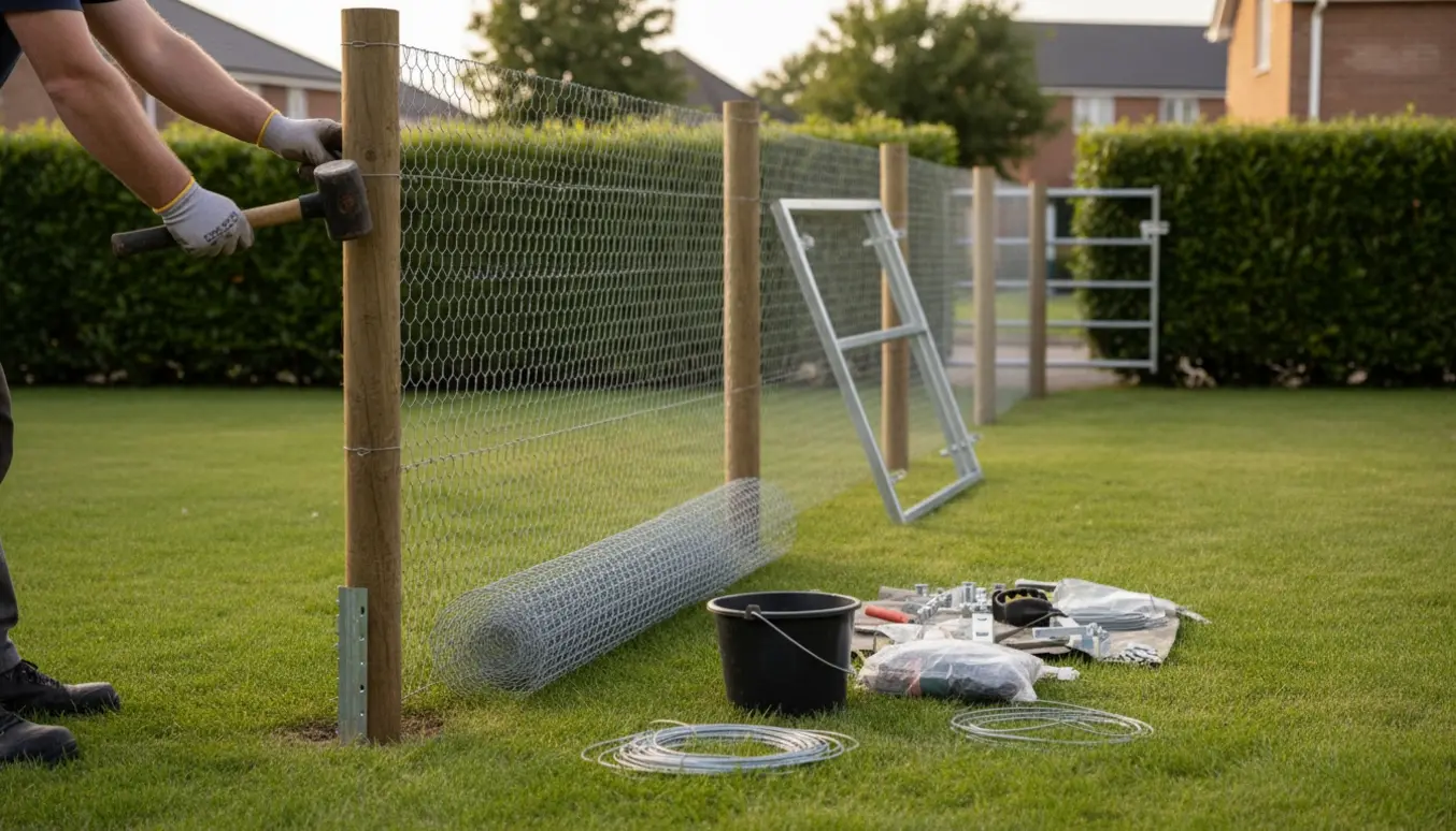 Trådhegn monteres langs en hæk med stolper i jordspyd og to låger, værktøj i forgrunden.