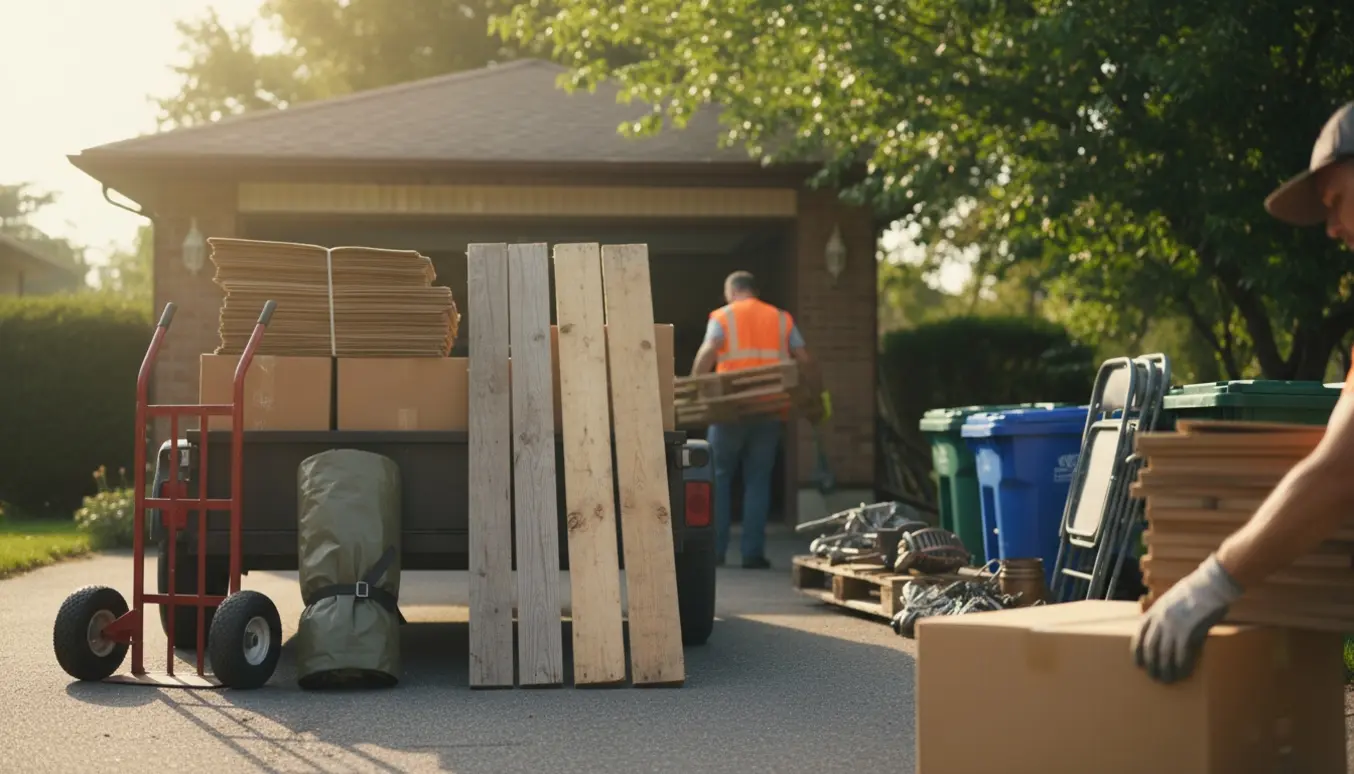 Person læsser papkasser, træpaller og træplader på en trailer i indkørslen klar til genbrugsstationen.