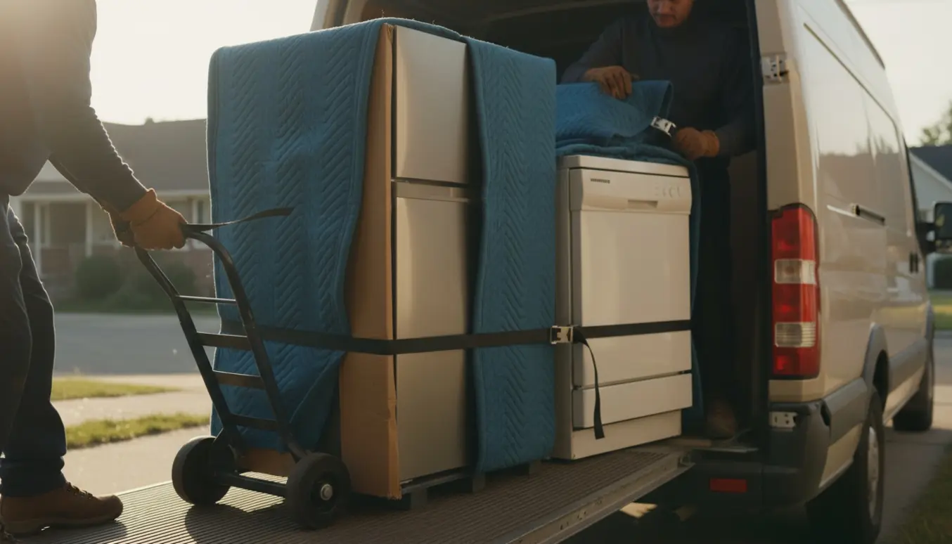 Et køleskab og en opvaskemaskine bliver læsset ind i en flyttevogn med tæpper og stropper.