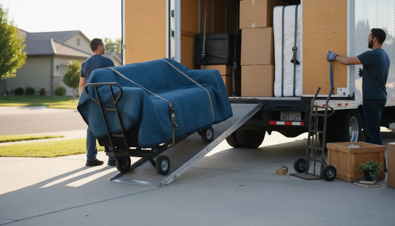 Åben flyttebil på indkørsel med møbler og flyttekasser, hænder sikrer lasten.