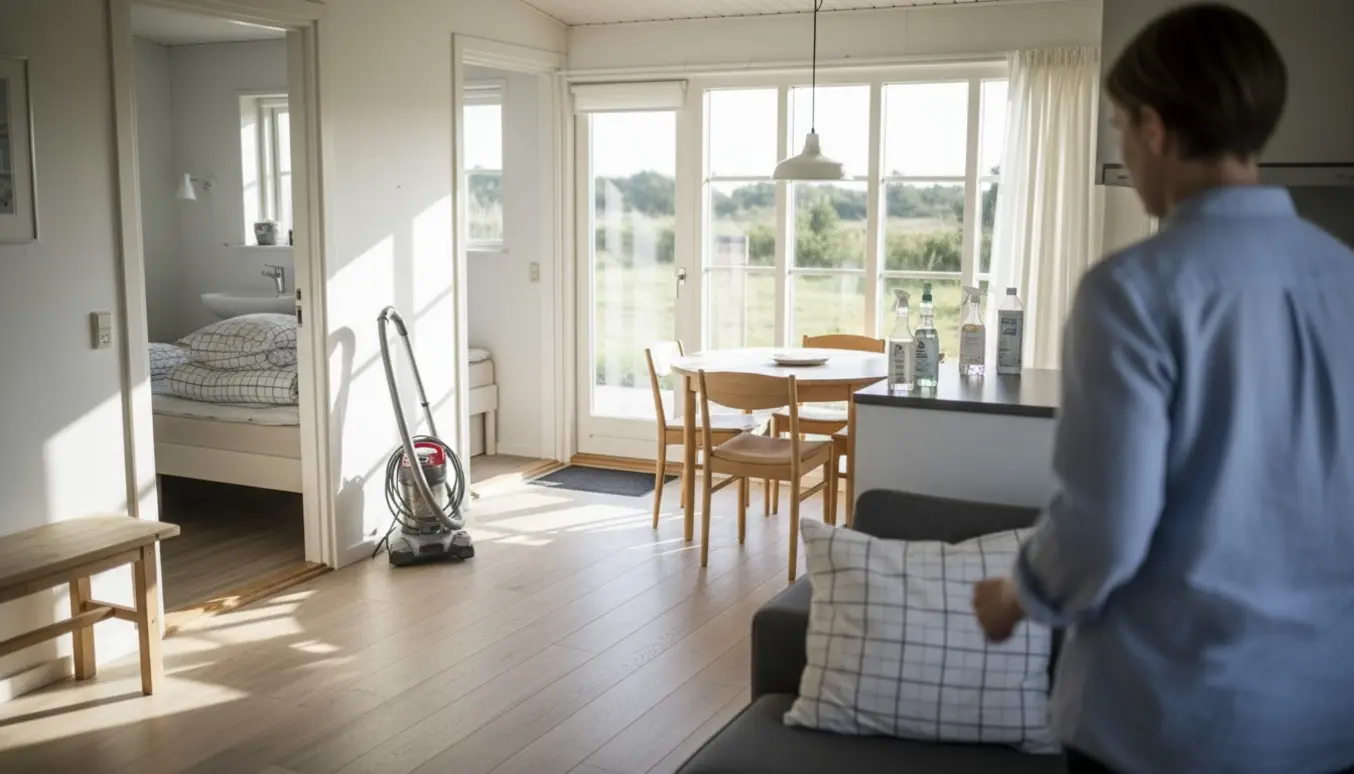 Ryddet sommerhusinteriør i Fjellerup med støvsuger, pænt lagte dyner og lyst, indbydende rum.