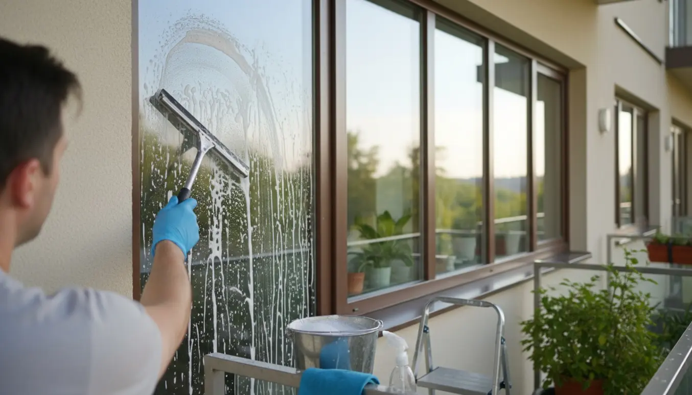 Nærbillede af vinduespudsning på en lejlighedsfacade med to altandøre og fem vinduer, squeegee og spand i fokus.