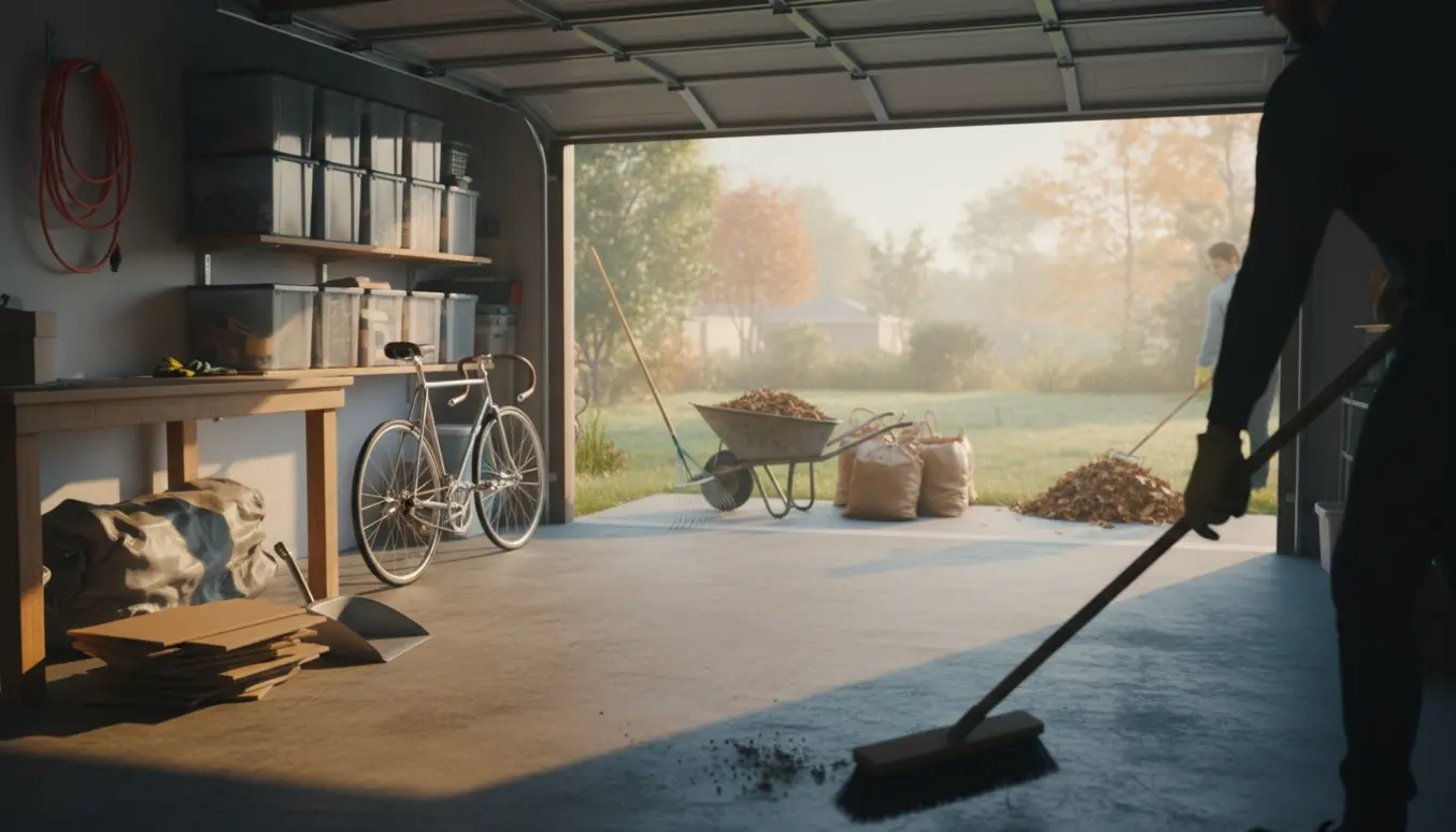 Åben garage med redskaber og folk, der fejer indendørs og samler løv udenfor.