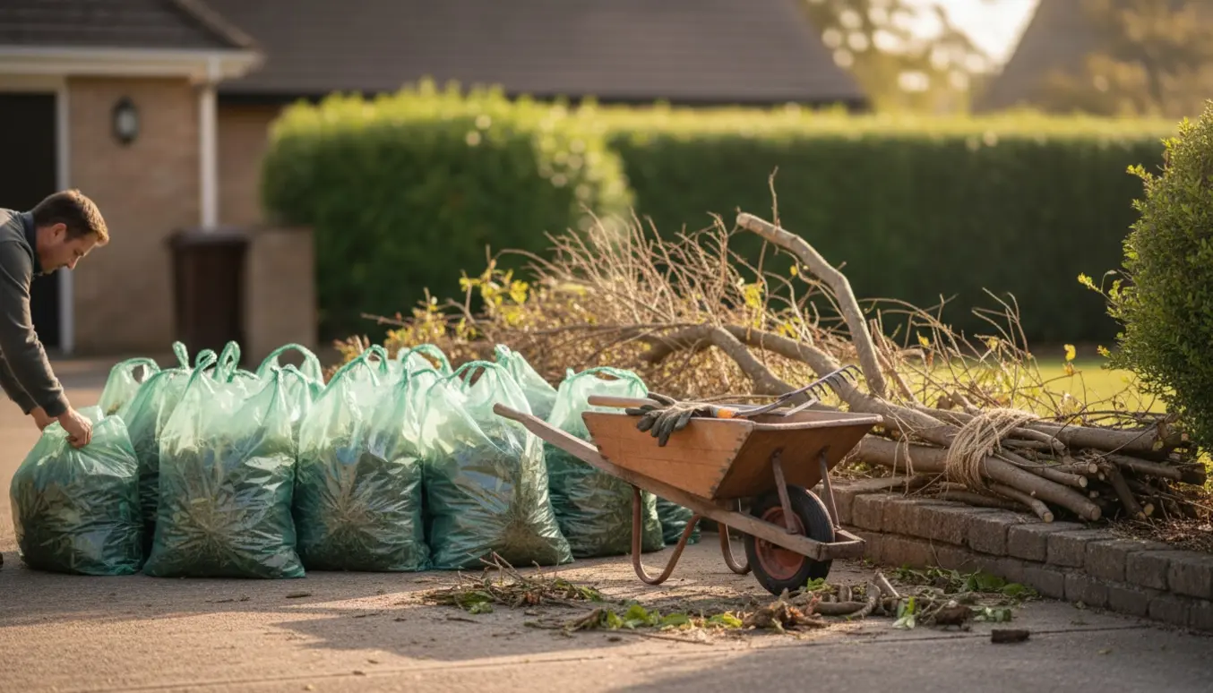 Omkring femten fyldte plastsække og bundtede lange grene stablet på indkørslen efter oprydning i haven.