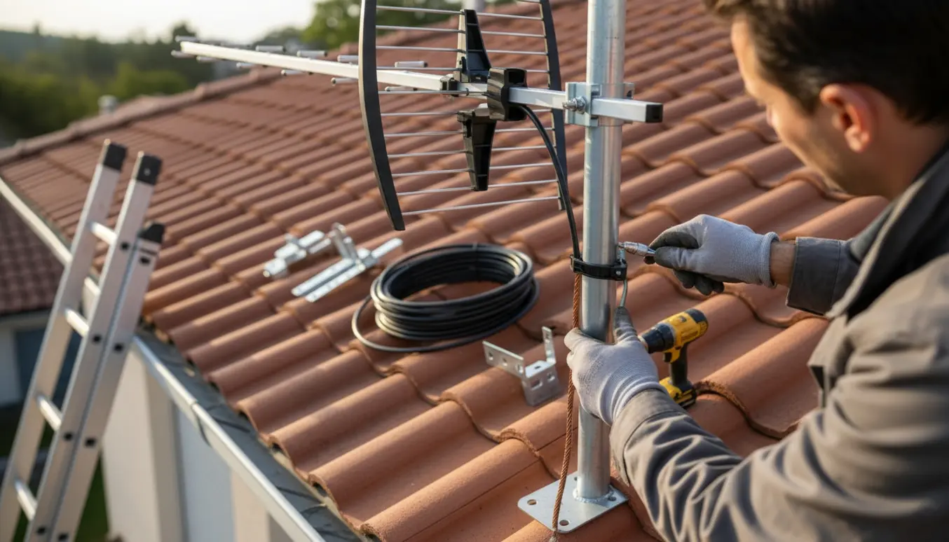 Antenne monteres på taget af et-planshus med koaksialkabel og jordforbindelse til modtagelse af Boxer TV.