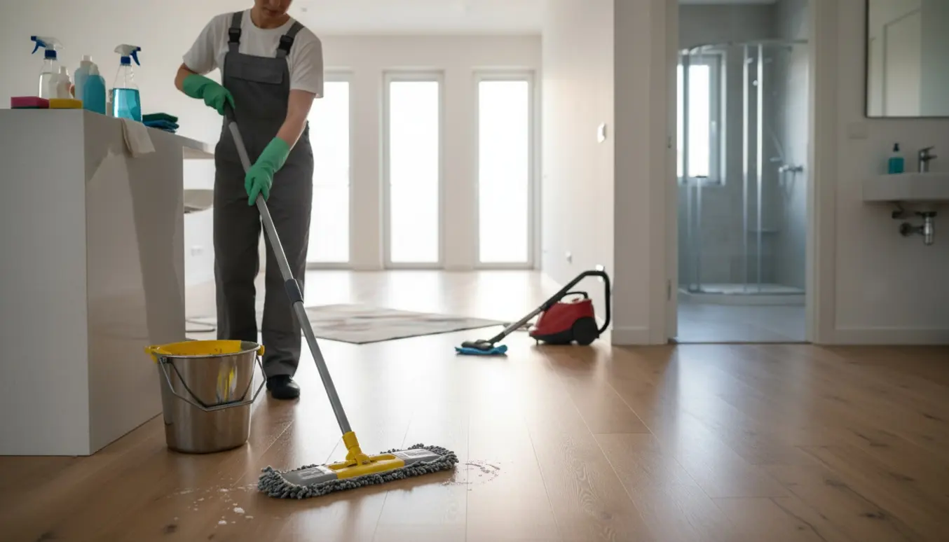 Person vasker gulvet i et lyst åbent hjem med støvsuger og rengøringsmidler i baggrunden.