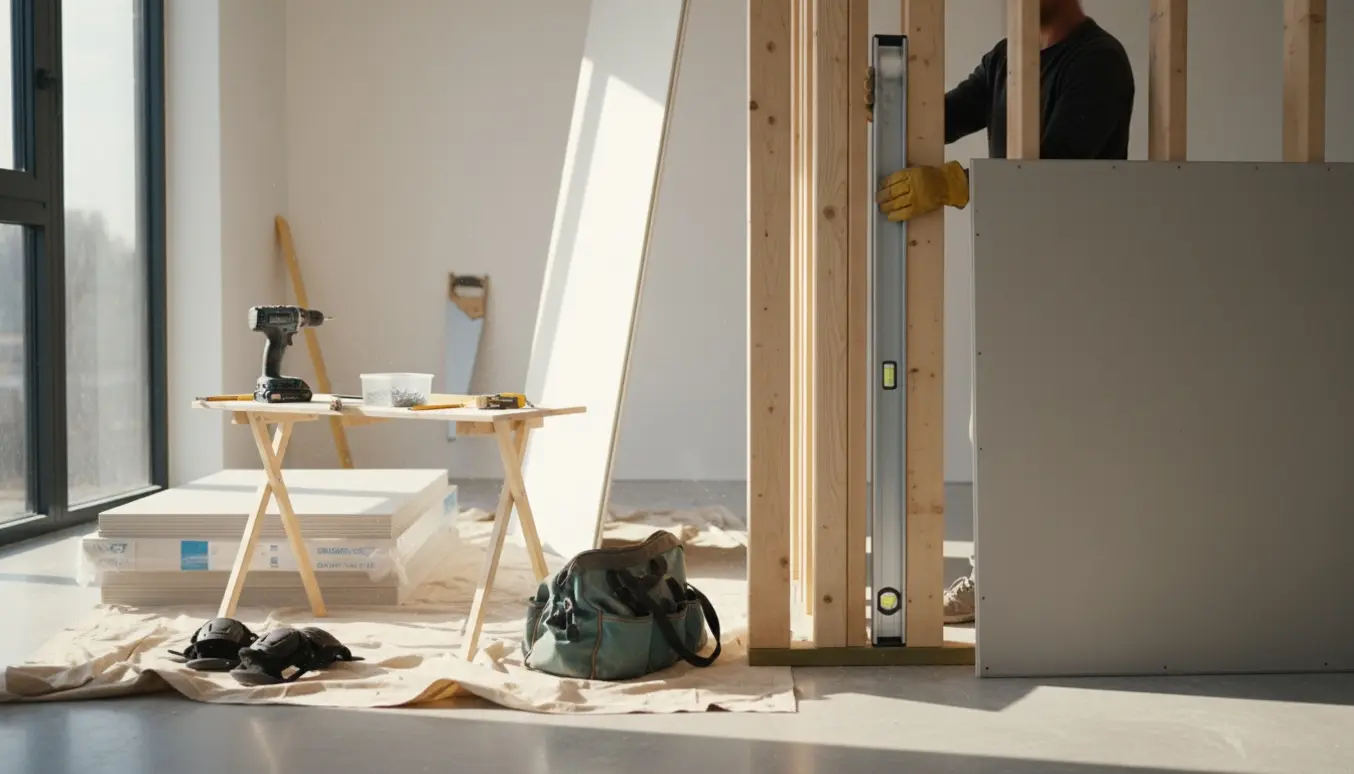 Håndværker sætter en skillevæg op i en lys lejlighed med træstolper og gipsplader.