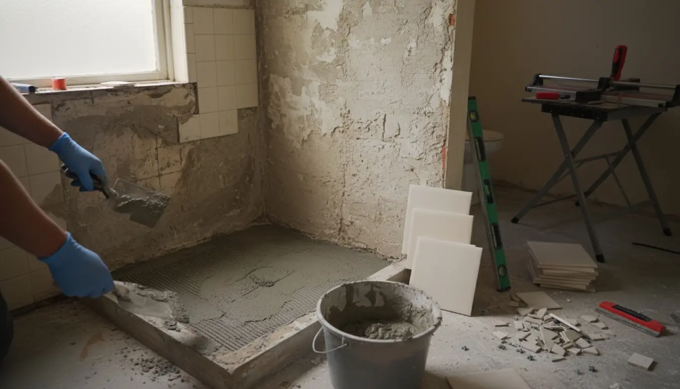 Badeværelse under renovering med fjernede fliser i bruseområdet, hænder der påfører fliseklæber og nye klinker klar til lægning.