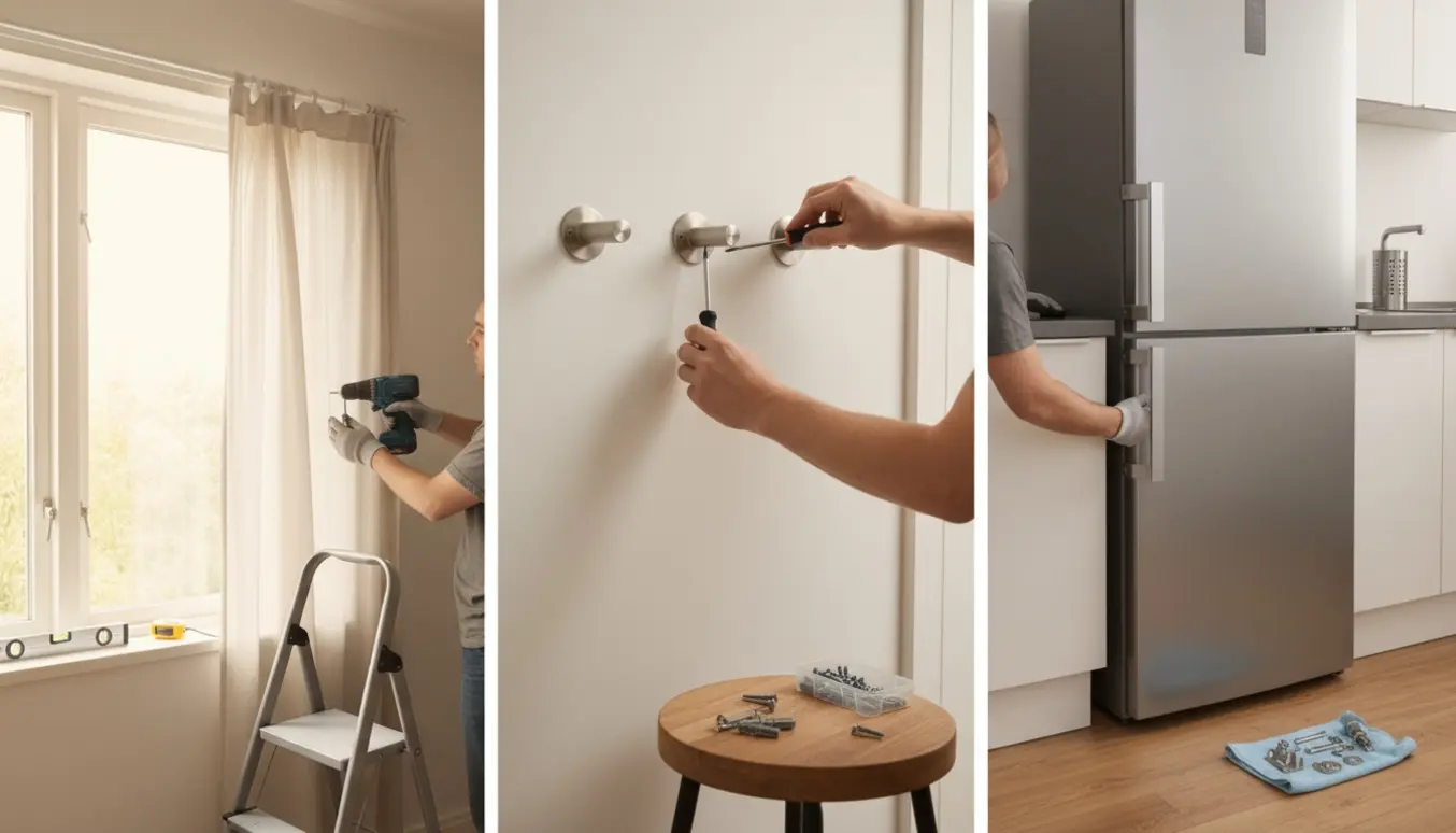 En indendørs scene med hænder, der monterer gardinskinne, sætter knager op og vender hængsler på køle-/fryserdøren.