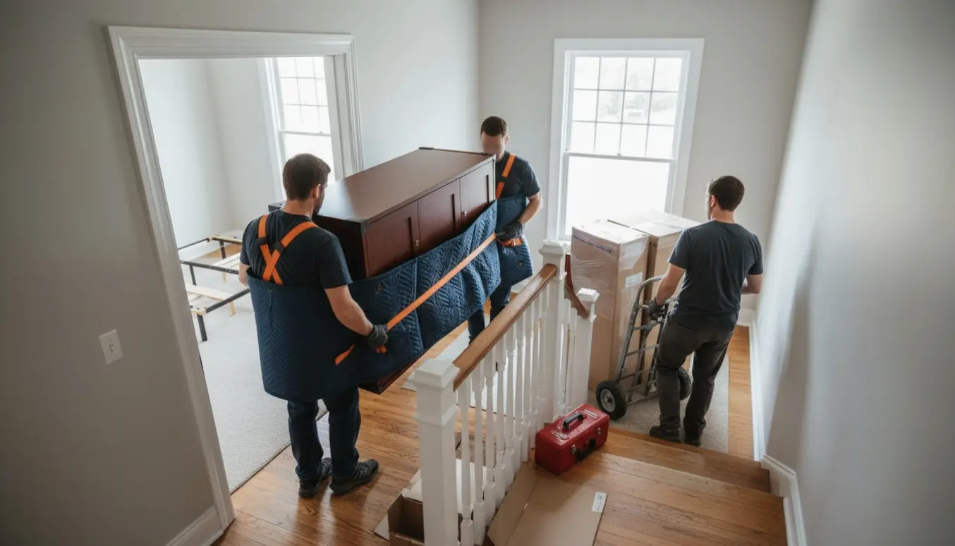 Flyttefolk bærer skabe op ad en trappe, mens pakkede skabe transporteres på en trappevogn.
