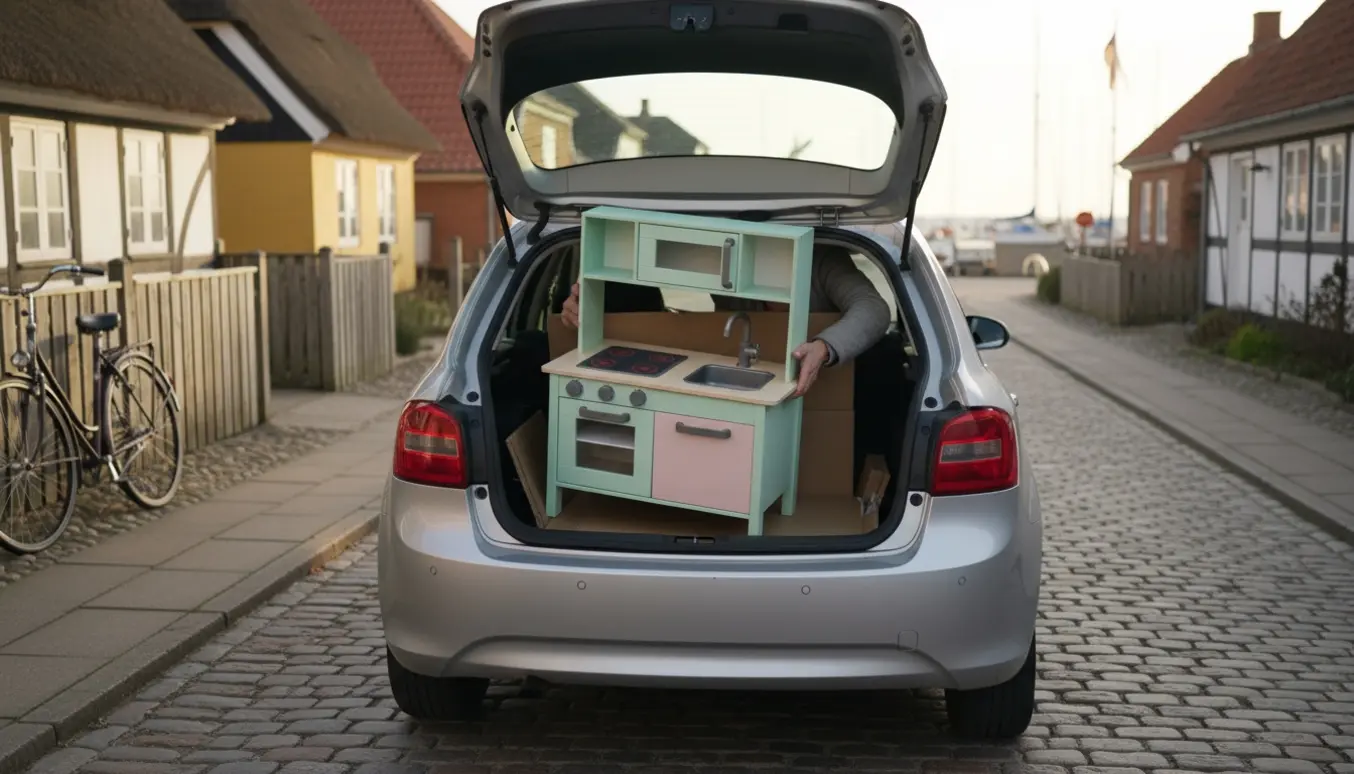 Et legekøkken læsses i bagagerummet på en bil i Dragørs hyggelige gade ved aftenstid.