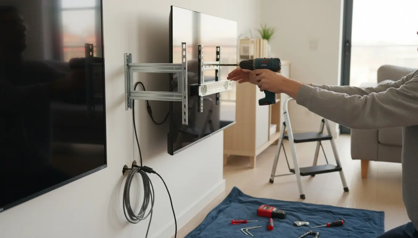 To fjernsyn hænges op på væg med beslag, håndværker justerer beslag med boremaskine og vaterpas.