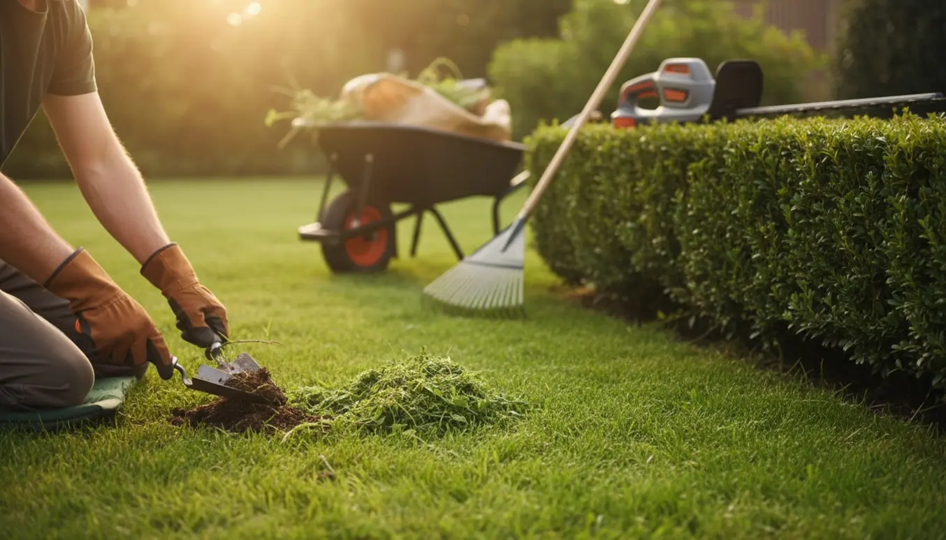 Hænder fjerner ukrudt ved kanten af en nyslået græsplæne mens en hæk er nysnoet.