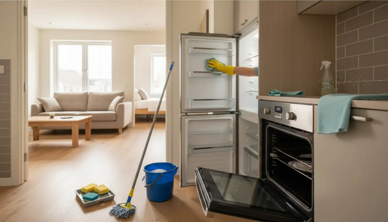 Handskenklædte hænder rengør ovn, køleskab og badeværelsesarmaturer i en lys lejlighed ved fraflytning.