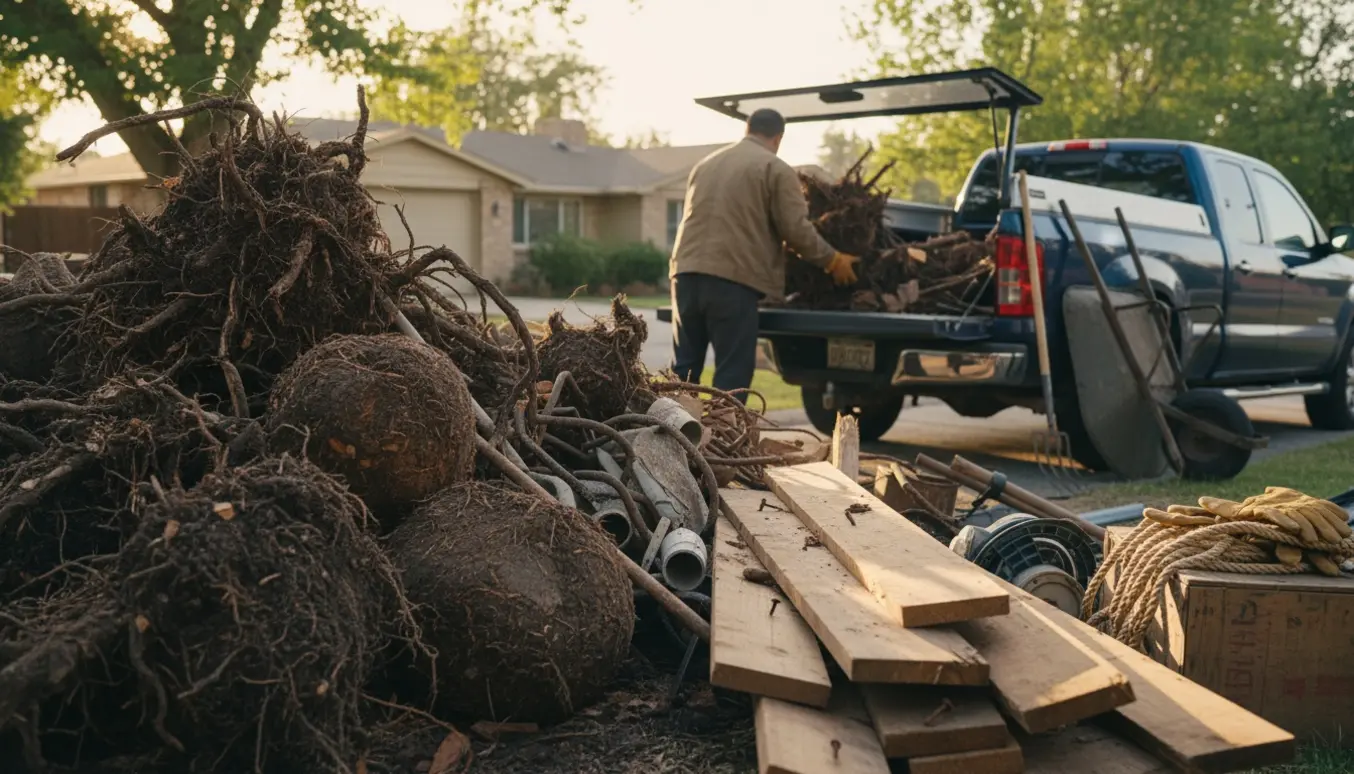 Stor bunke haveaffald med tunge rødder, gammelt tømmer, jern og plastik ved en trailer klar til afhentning.
