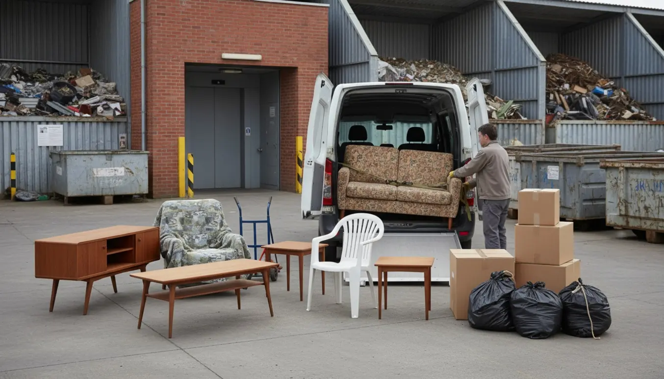 Flyttegods (sovesofa, sofabord, lænestol, skænk, flyttekasser og sække) læsses ved en genbrugsstation.