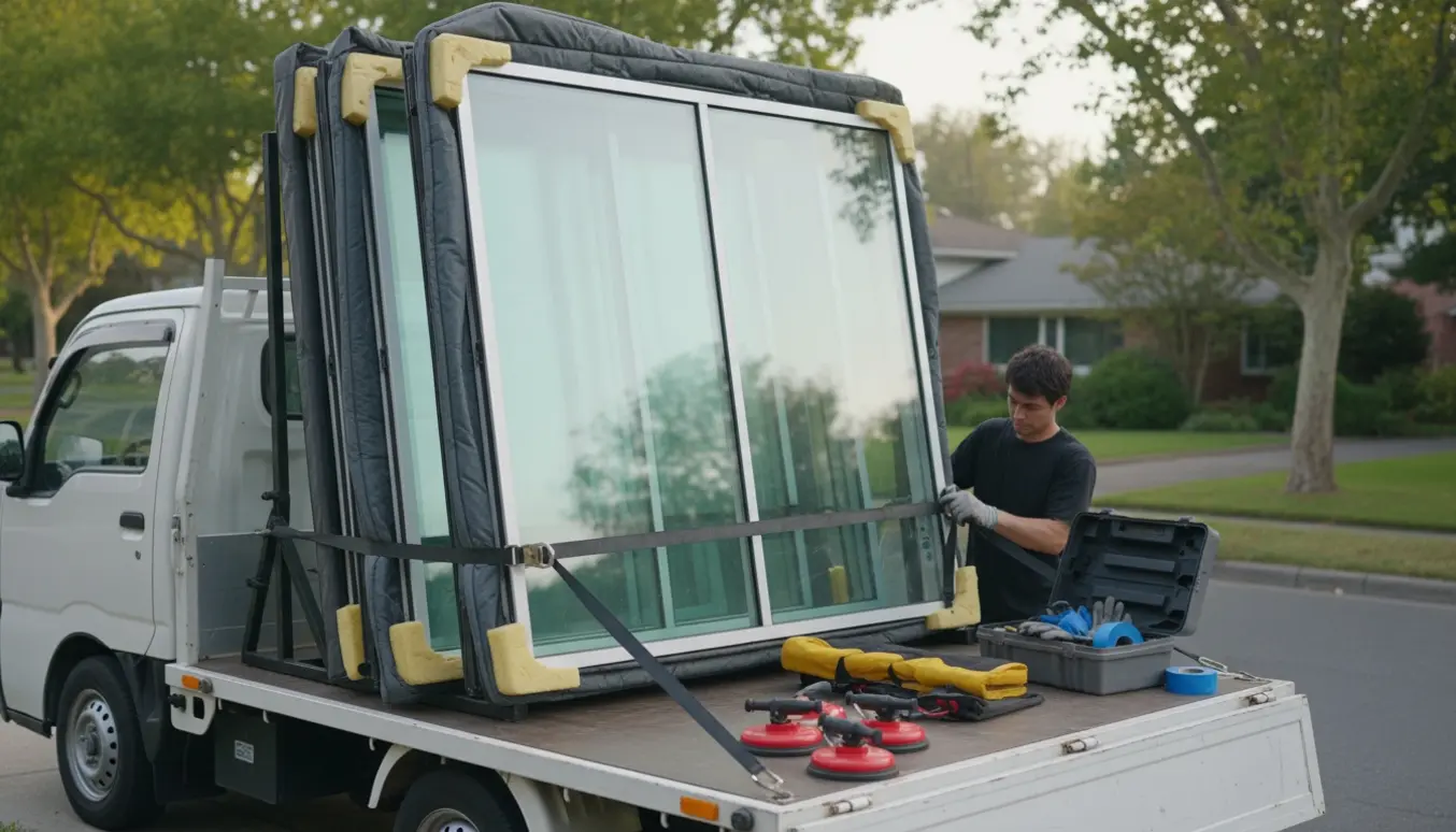 Tre store vinduer sikret på en lille lastbil med polstring og stropper i en forstadsgade.