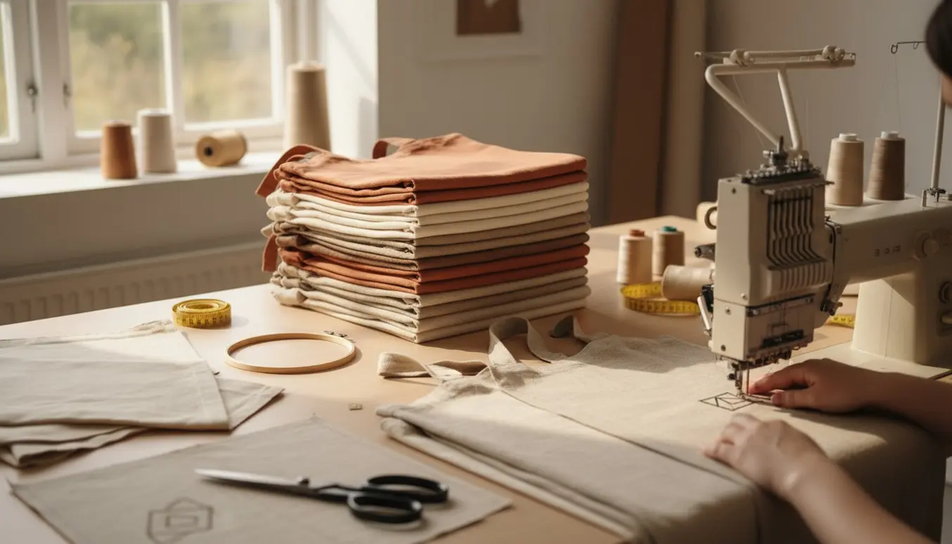 Stak af økologiske forklæder med krydsede stropper og et lille broderet brystmotiv på et lyst og ryddeligt sybord.