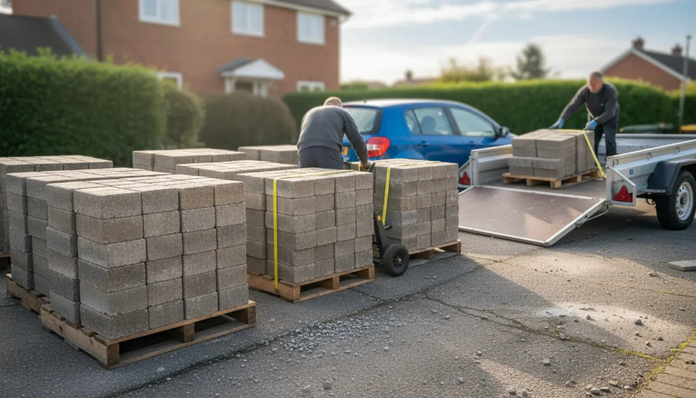 Paller med havefliser i indkørslen ved en trailer, klar til afhentning.