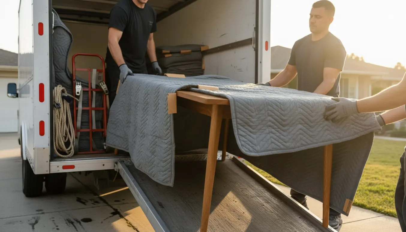 Et spisebord bliver forsigtigt løftet ind i en flyttevogn af flyttefolk uden synlige ansigter.