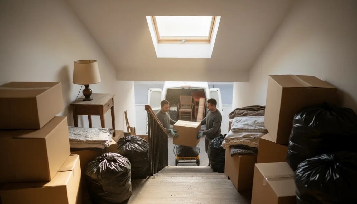 Loftrum tømmes med kasser, sorte affaldsposer og møbler, båret ned ad en smal trappe.