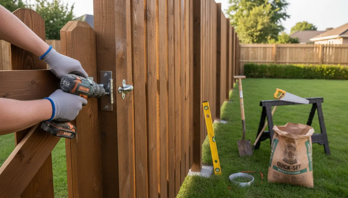 Nærbillede af opsætning af et nyt, højere træhegn og låge med håndværktøj i en villahave.