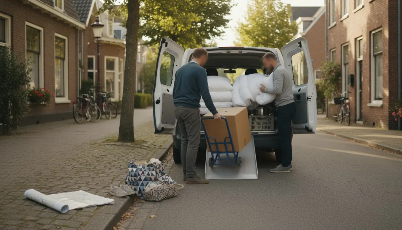 To personer læsser kufferter, sengetøj og flyttekasser ind i en varevogn på en stille villavej.