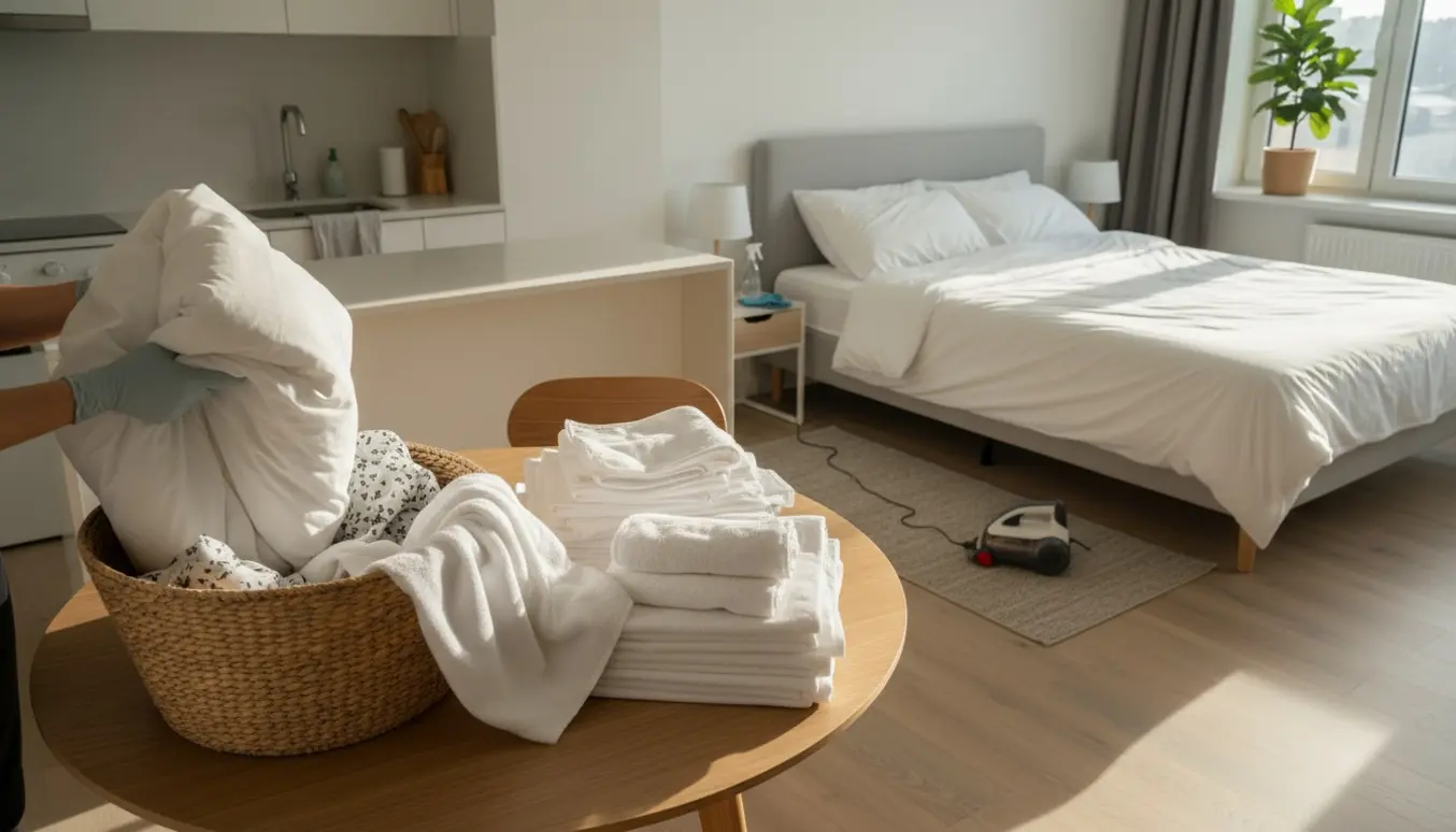 Vasketøjskurv og nyfoldede lagener i en solfyldt Airbnb-lejlighed under rengøring.