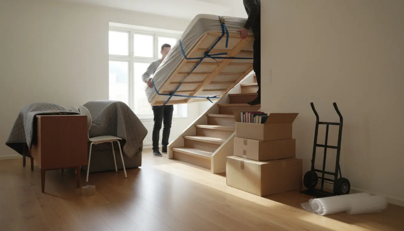 Flyttefolk bærer en indpakket dobbeltseng op ad en lys trappe, med en skænk, to stole og tre flyttekasser med bøger på landingen.