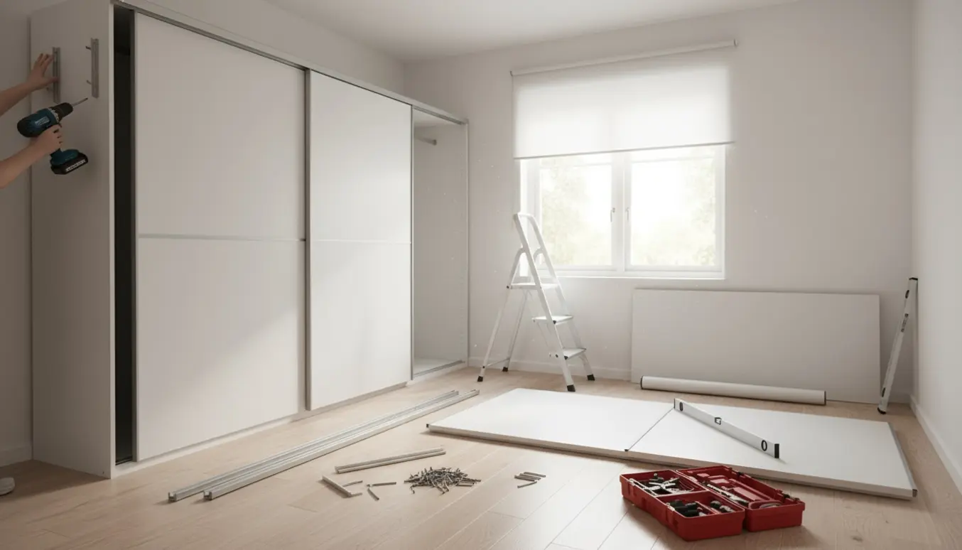 Montering af Kleppstad skydedørsgarderobe og to rullegardiner i et lyst soveværelse med værktøj og hænder ved en boremaskine.