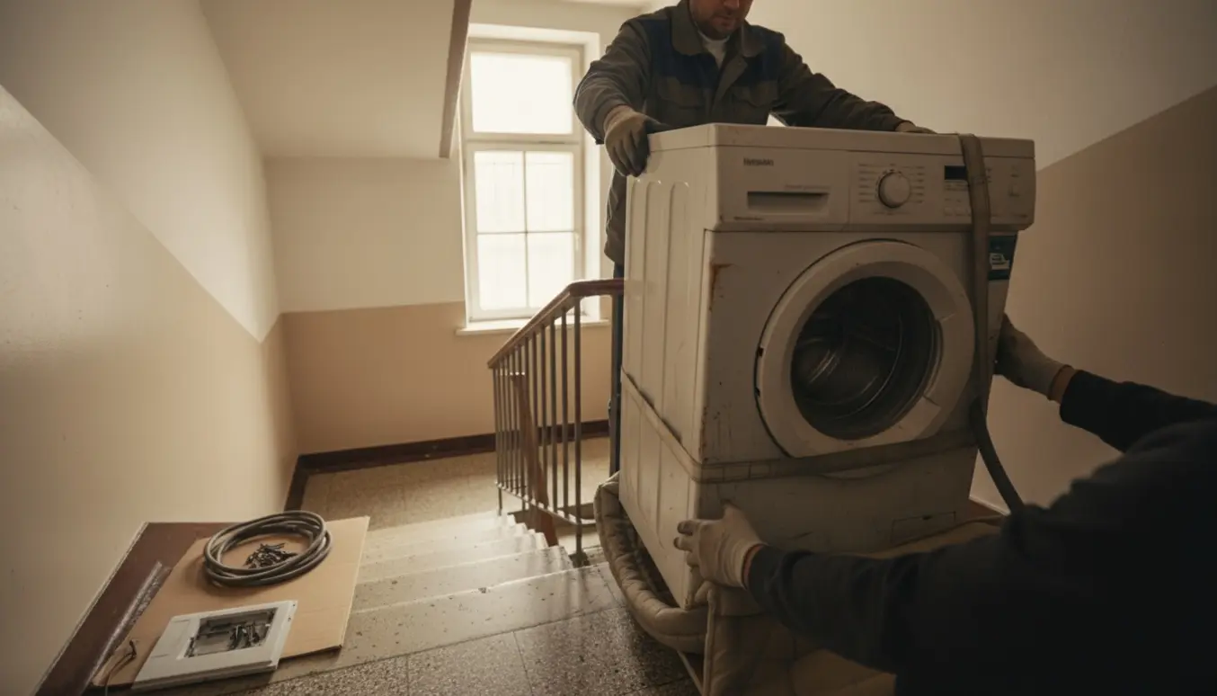 Vaskemaskine bæres forsigtigt ned ad en smal opgang med to personer set bagfra og afmonterede slanger og dele på reposen.