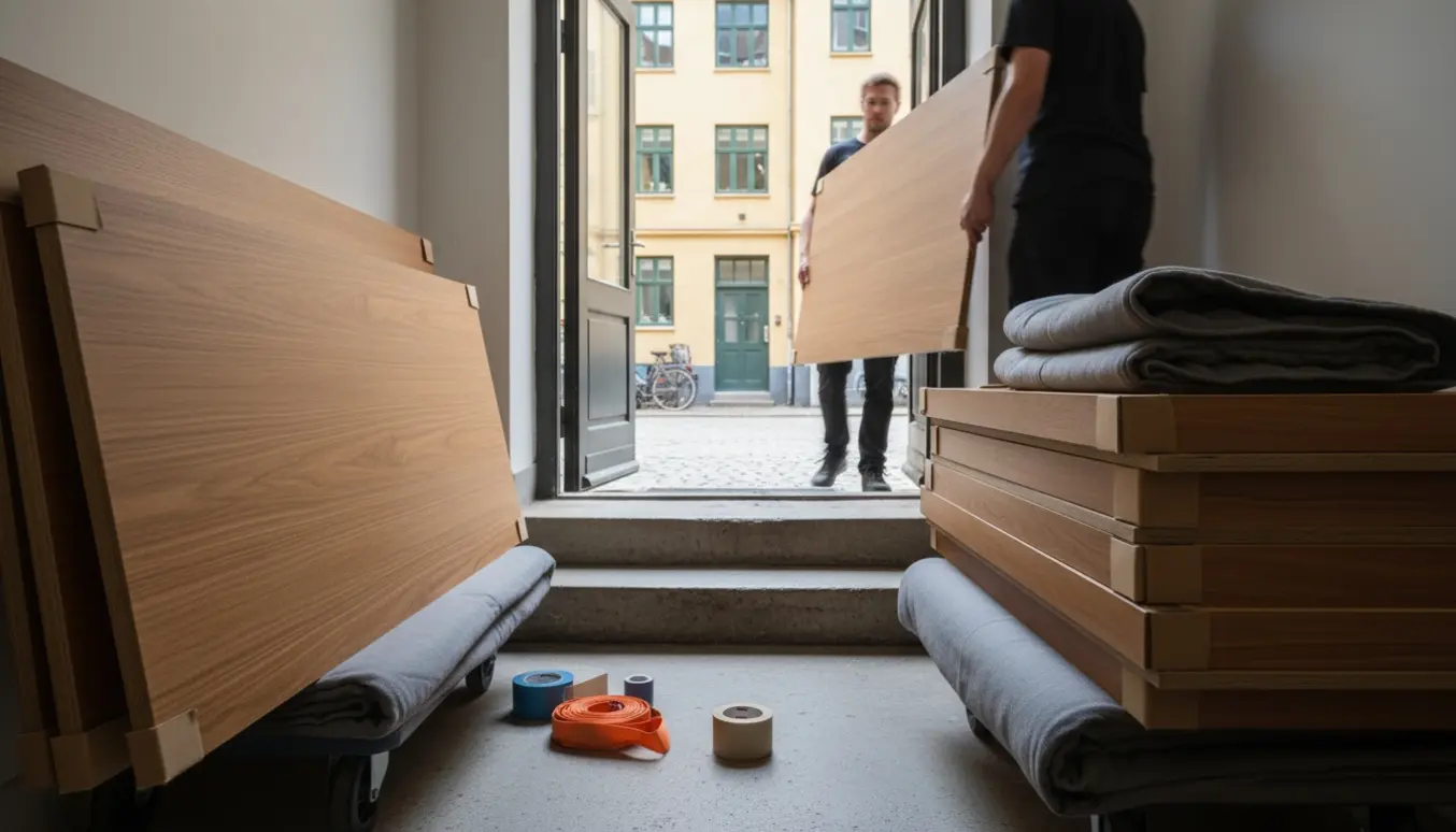 Nedtaget garderobeskab pakket og klar til flytning i en københavnsk opgang mod stueetagen.