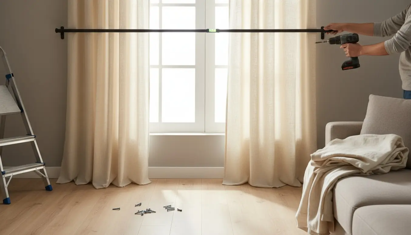 Nærbillede af hænder, der monterer en gardinstang ved et solbelyst vindue med værktøj ved siden af.