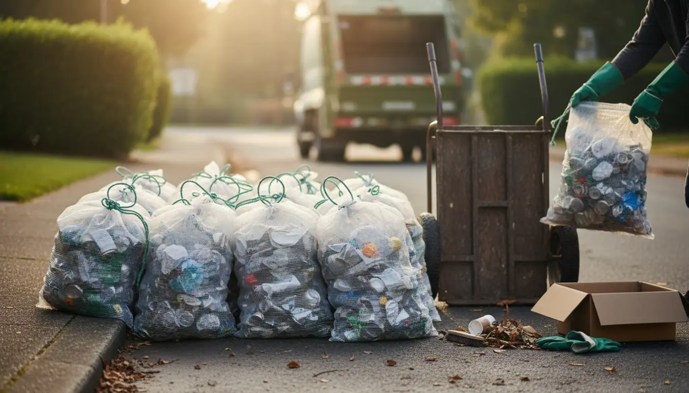 20–25 netposer med affald stablet ved fortovet klar til afhentning.