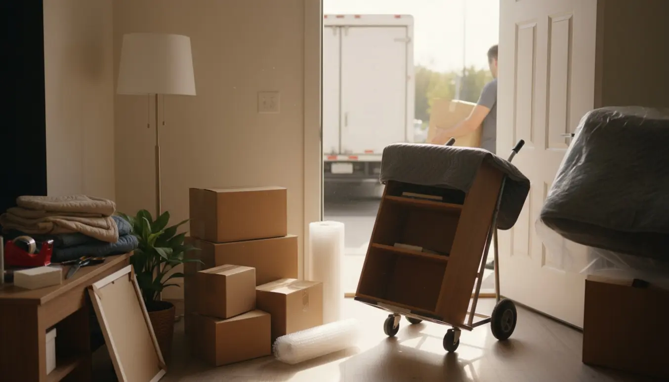 Papkasser og indpakkede møbler i en lys entré under en flytning.