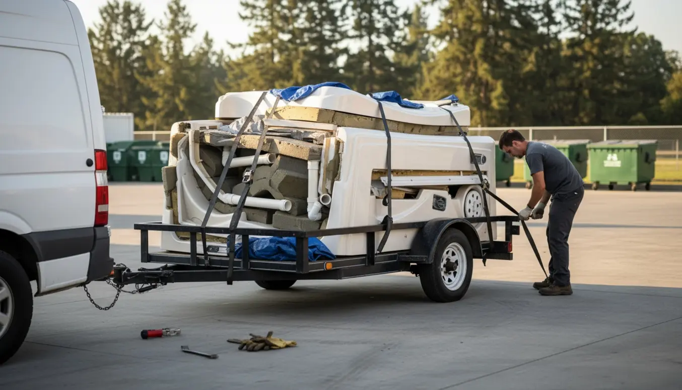Trailer med opskårne spa-skaller sikret med stropper, klar til aflevering på genbrugsstation.