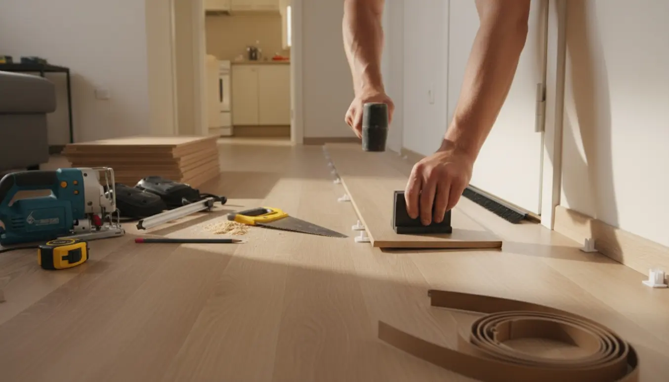 Nærbillede af montørens hænder, der lægger klikgulv i en 2-værelses lejlighed med beholdte fodlister og afkortede dørbundslister.
