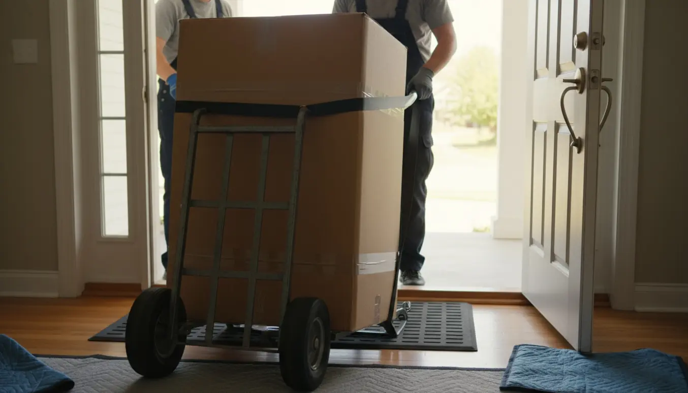 To flyttefolk manøvrerer en stor papkasse med nyt køl/frys op over et dørtrin og ind i entréen med en flyttevogn.