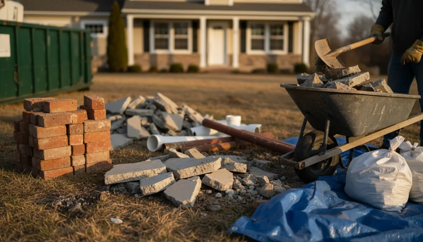 Forhave med brudt beton, jord, røde mursten og kloakrør klar til oprydning.