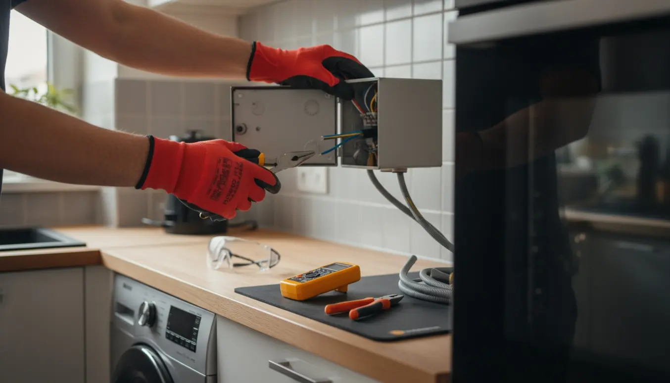 Autoriseret elektriker arbejder med en åben el-samleboks i et moderne køkken ved vaskemaskine og ovn.