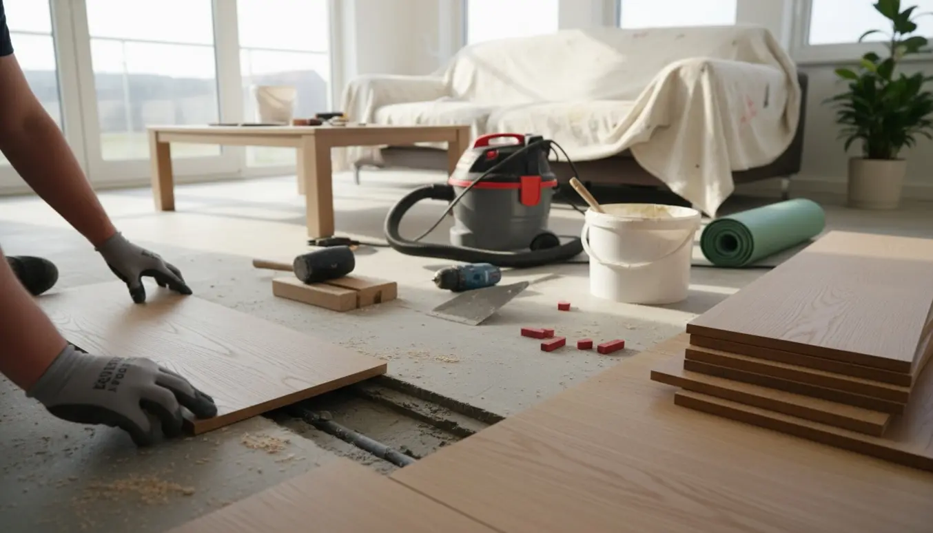 Nærbillede af nyt trægulv, hvor en planke lægges ved siden af en fræset rende med repareret gulvvarmerør.