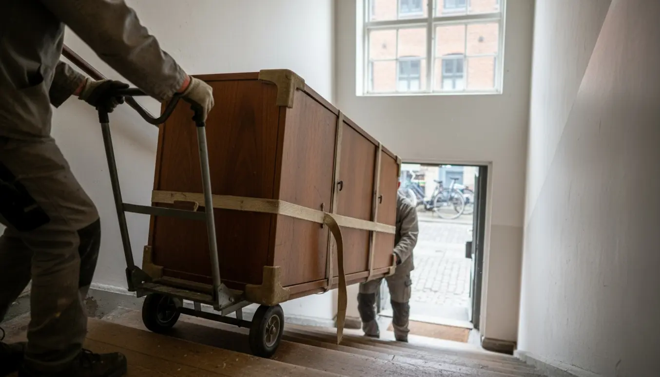 Et tungt træskænk på en flyttedolly bæres op ad en trappe i et københavnsk gademiljø, uden tydelige ansigter.