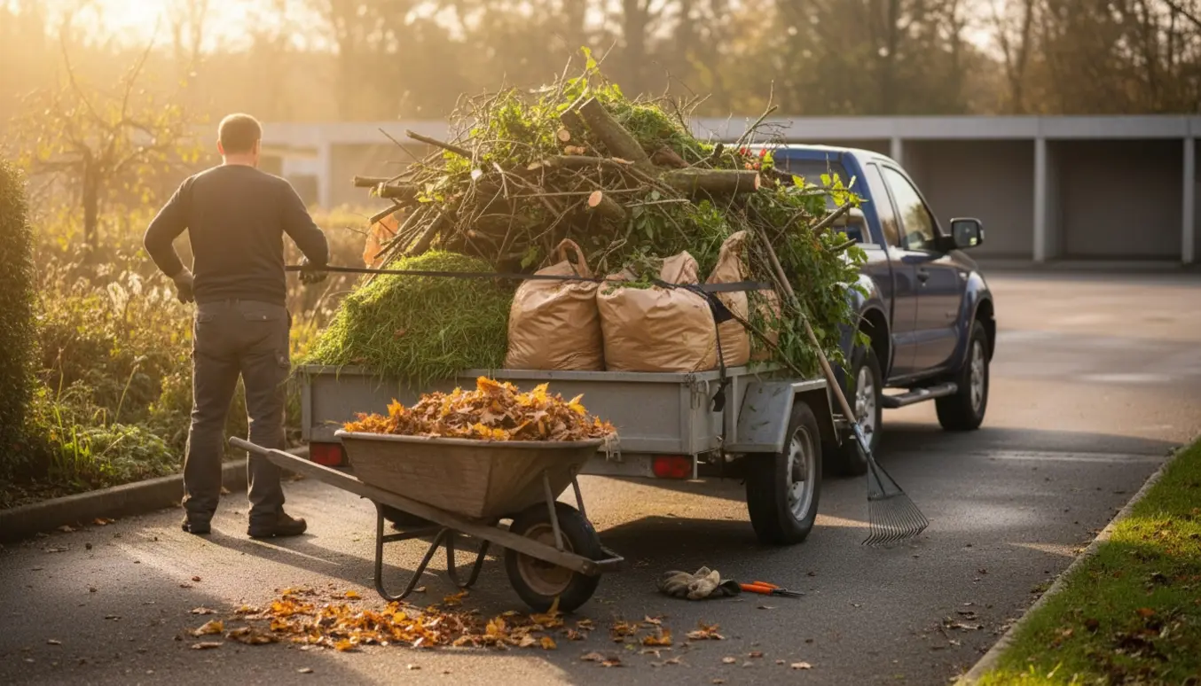 Trailer læsset med grene og sække med haveaffald på en indkørsel, en person ses bagfra mens de spænder lasten.