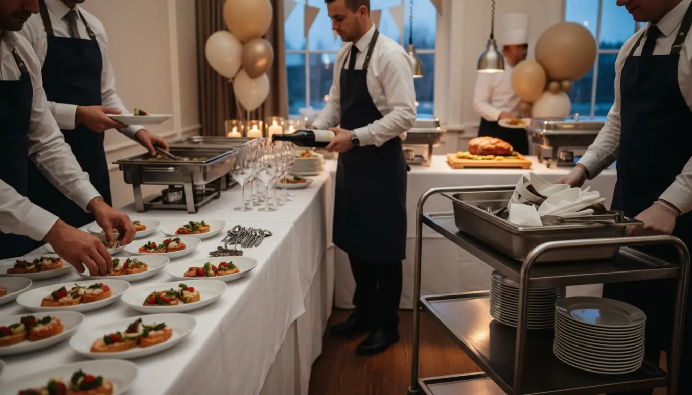 Servere anretter tallerkener og skænker drikkevarer i et varmt oplyst festlokale uden synlige ansigter.