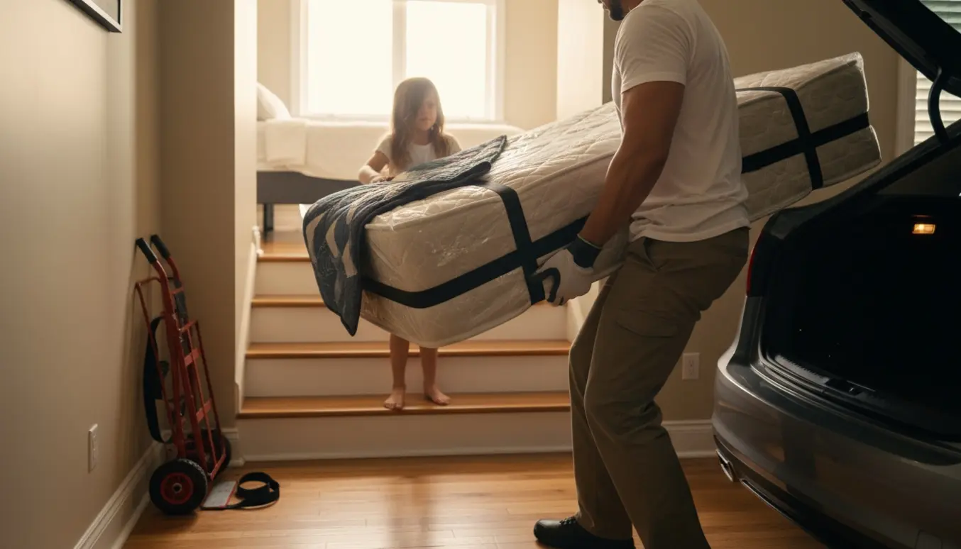 To personer bærer en boxmadras fra en åben bil op ad en trappe mod et værelse, ansigter ikke synlige.