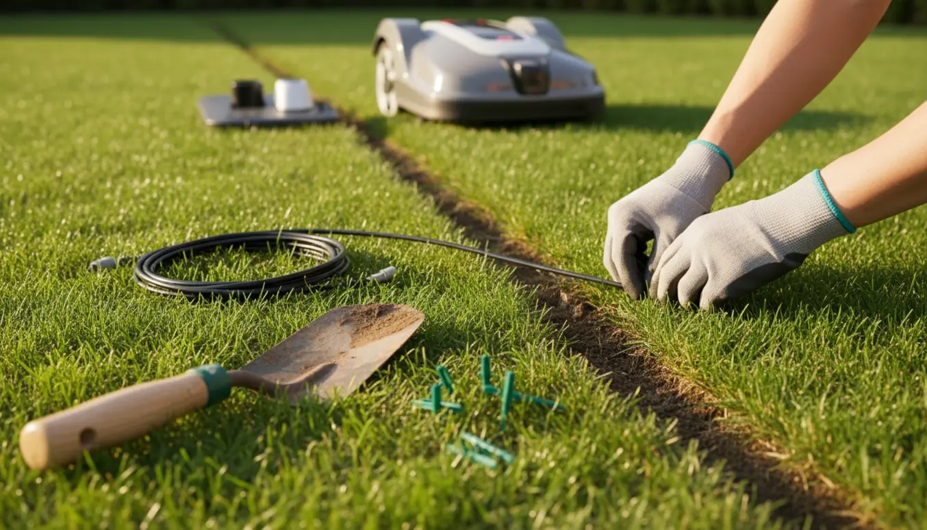 Nærbillede af nedgravning af styrekabel til robotplæneklipper med værktøj og robot i baggrunden.