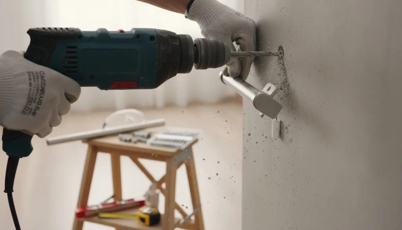 Nærbillede af borehammer, der borer i en betonvæg for at montere en gardinstang med værktøj og støv omkring.
