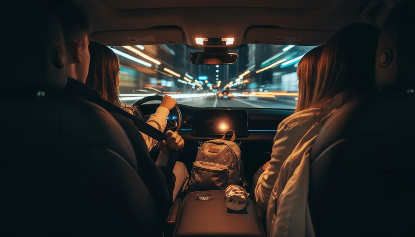 Natfoto inde i en bil med 3–4 unge, der sidder trygt og spænder seler efter en fest.