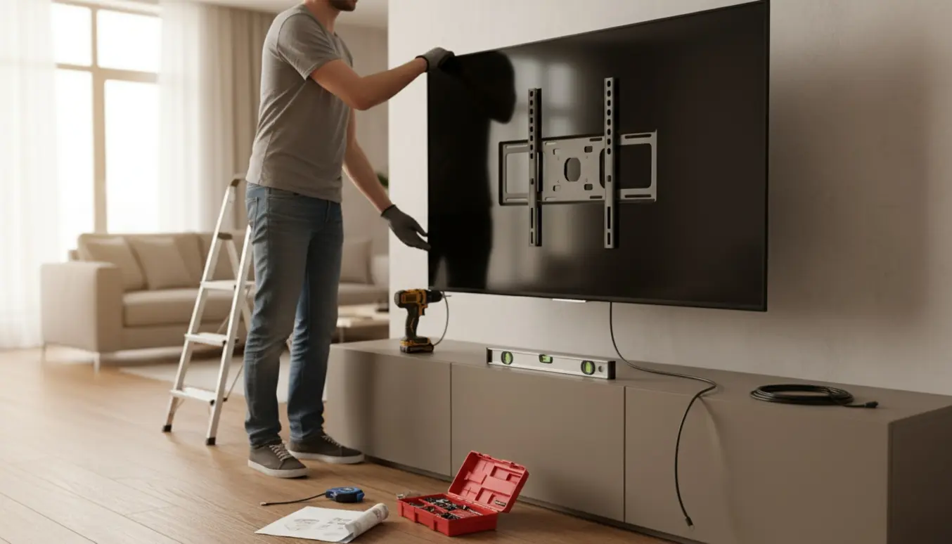 To personer hænger et stort fladskærms-tv op på et lavt vægbeslag i en moderne stue.