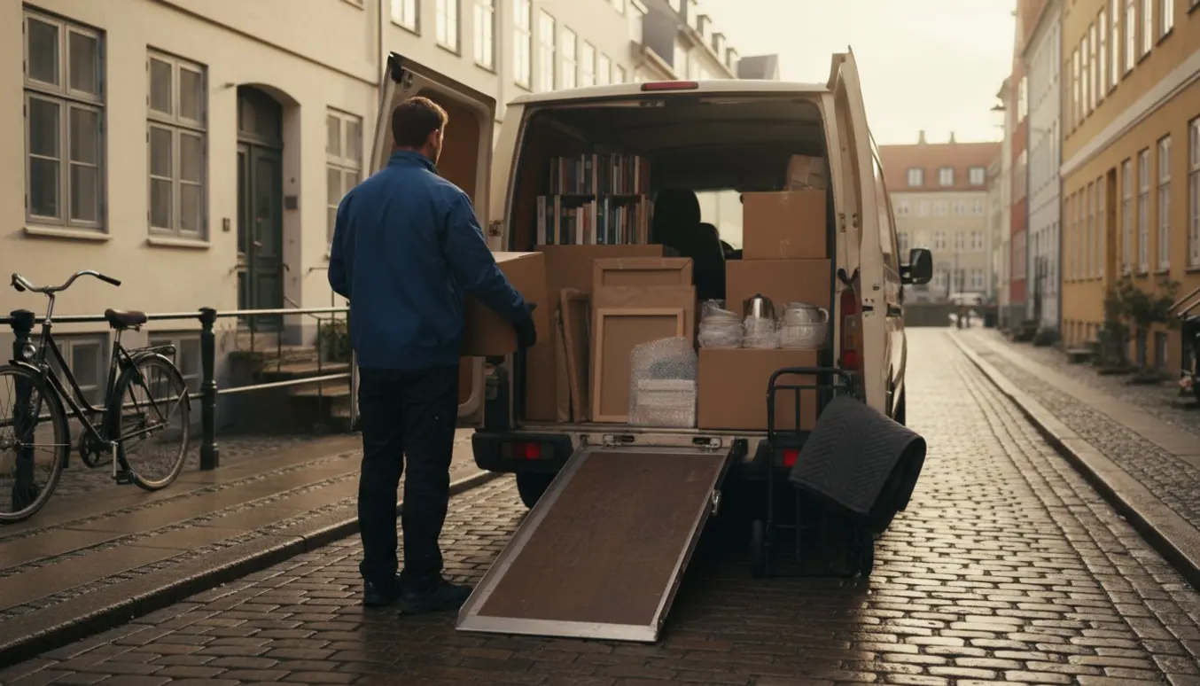 En flyttebil på en københavnsk brostensgade, én mand læsser kasser med bøger og indbo, ansigtet er ikke synligt.